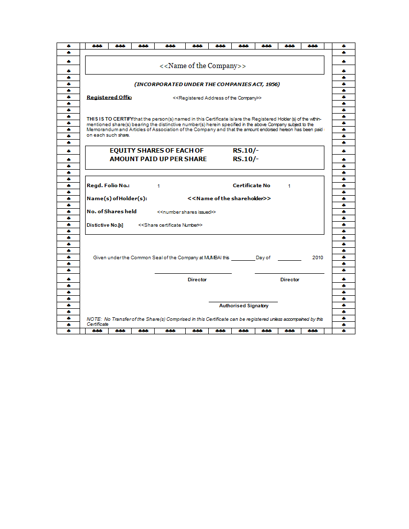 stock certificate worksheet modèles