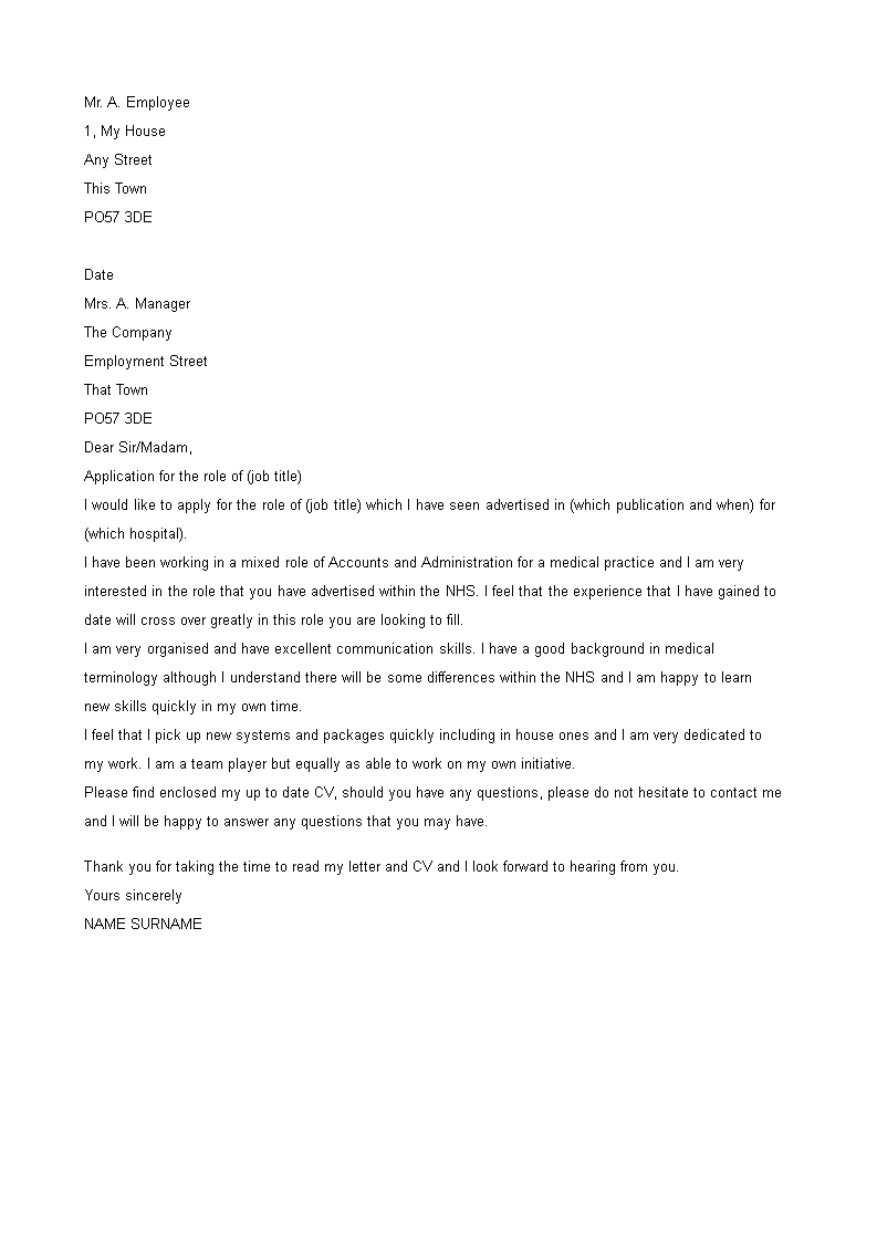 medical work application letter modèles