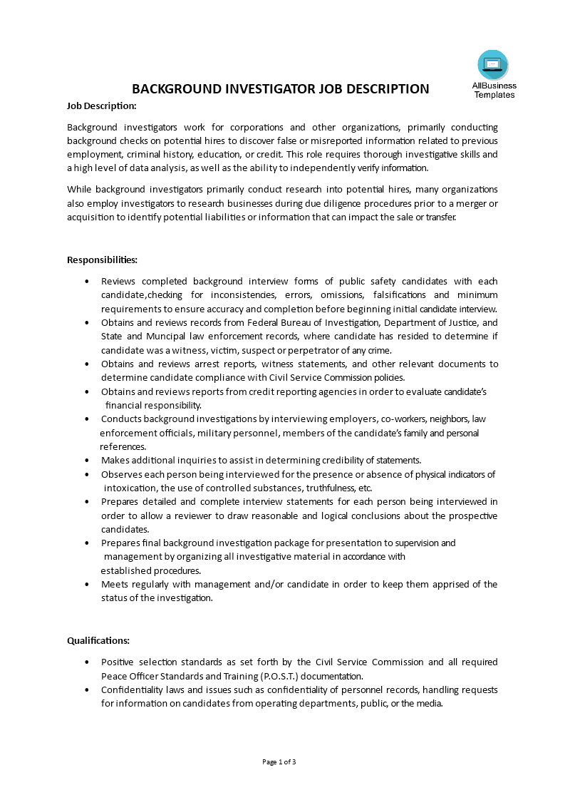 background investigator job description template