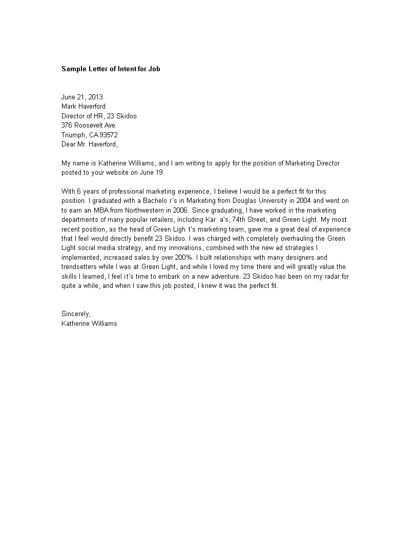 job intent letter template