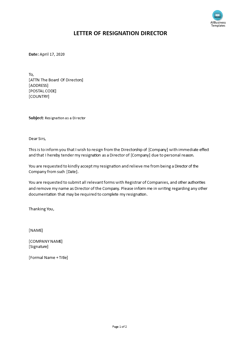 immediate resignation letter due to personal reasons voorbeeld afbeelding 