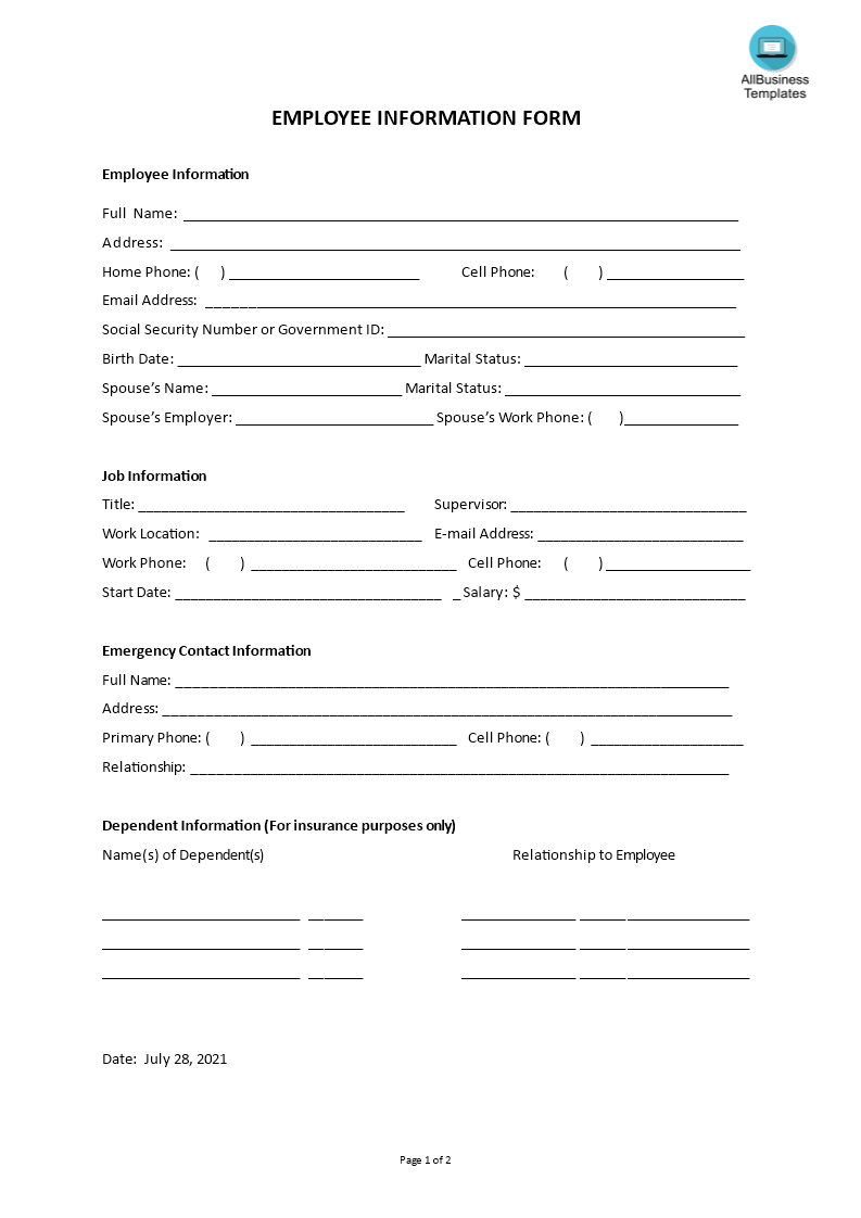 Kostenloses Employee Information form With Regard To Business Information Form Template
