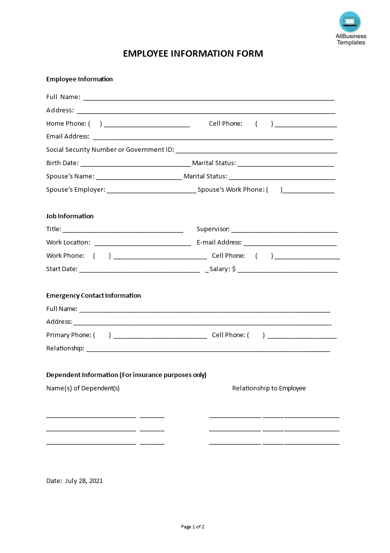 Employee Information form 模板