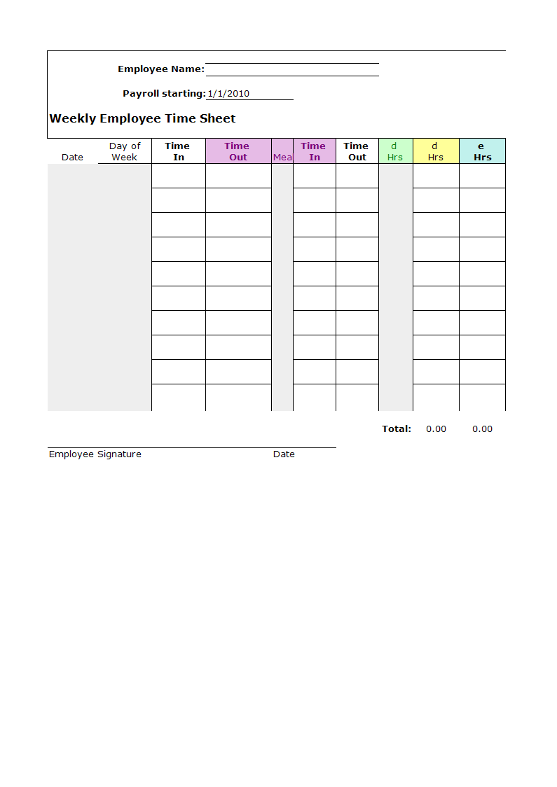 Weekly Employee Timesheet Spreadsheet Excel Template 模板