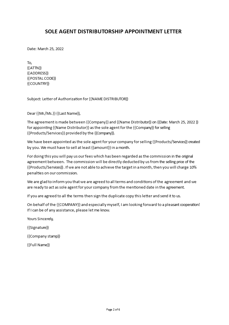 sole dealership appointment letter template