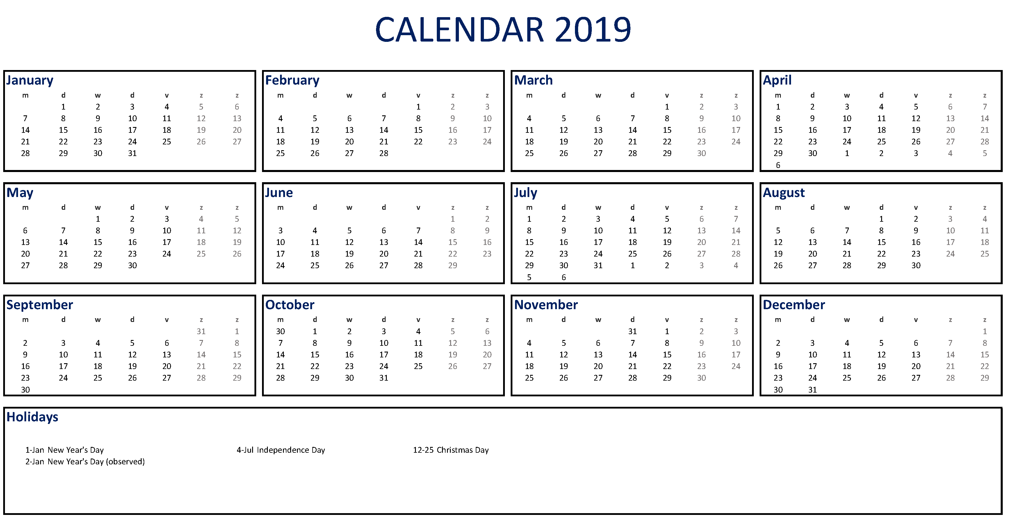 printable 2019 calendar excel voorbeeld afbeelding 