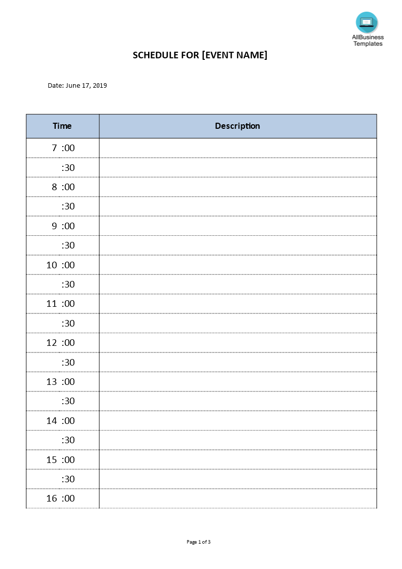 hourly event schedule template template