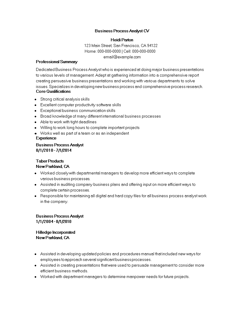 business process analyst cv template