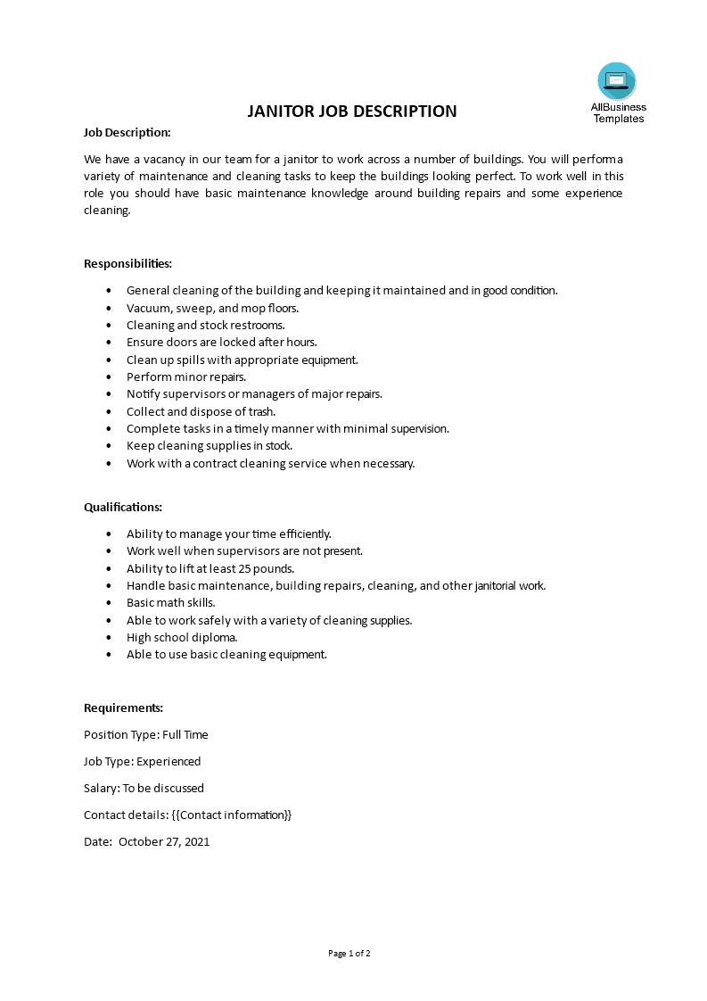 janitor job description template