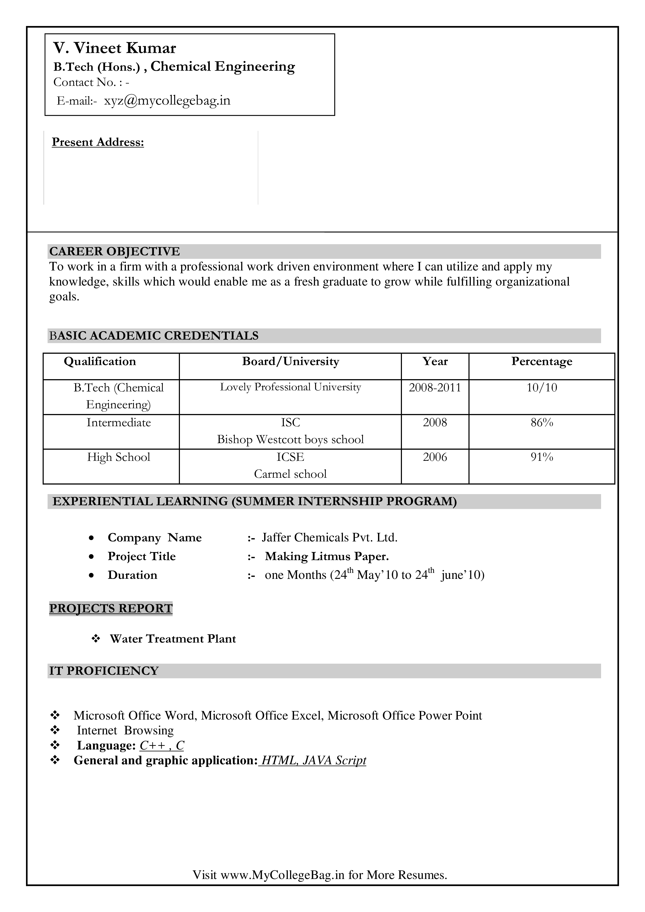 chemical engineering fresher resume voorbeeld afbeelding 