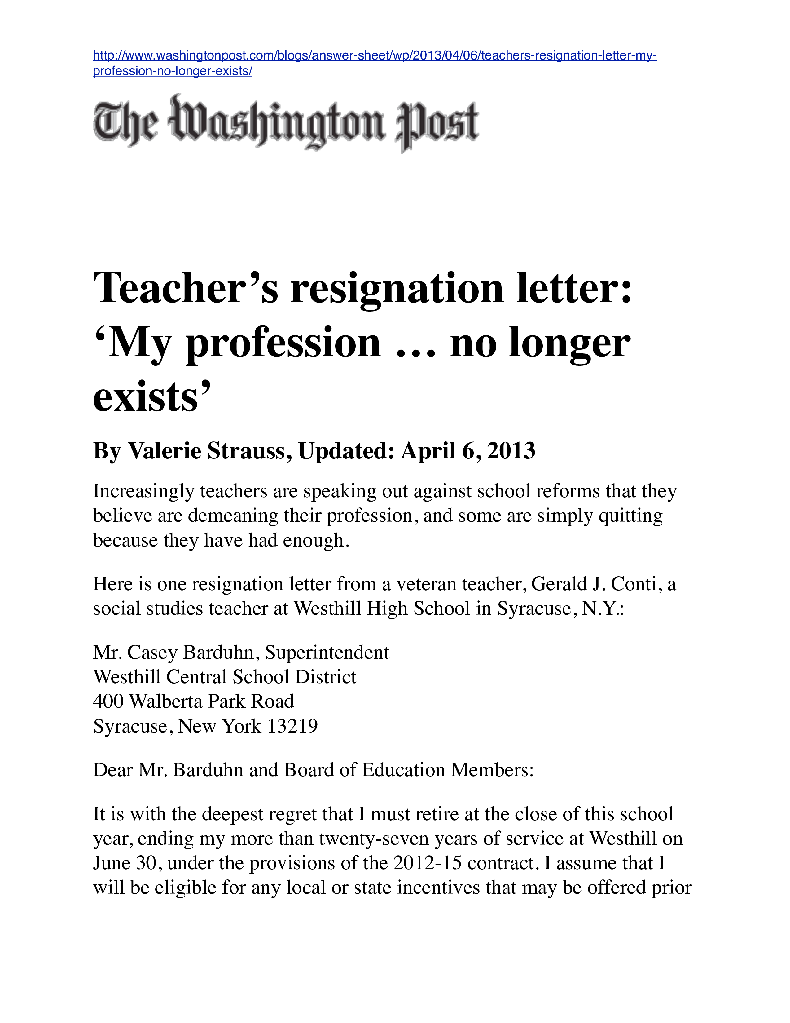 Experienced Teacher's Resignation Letter main image