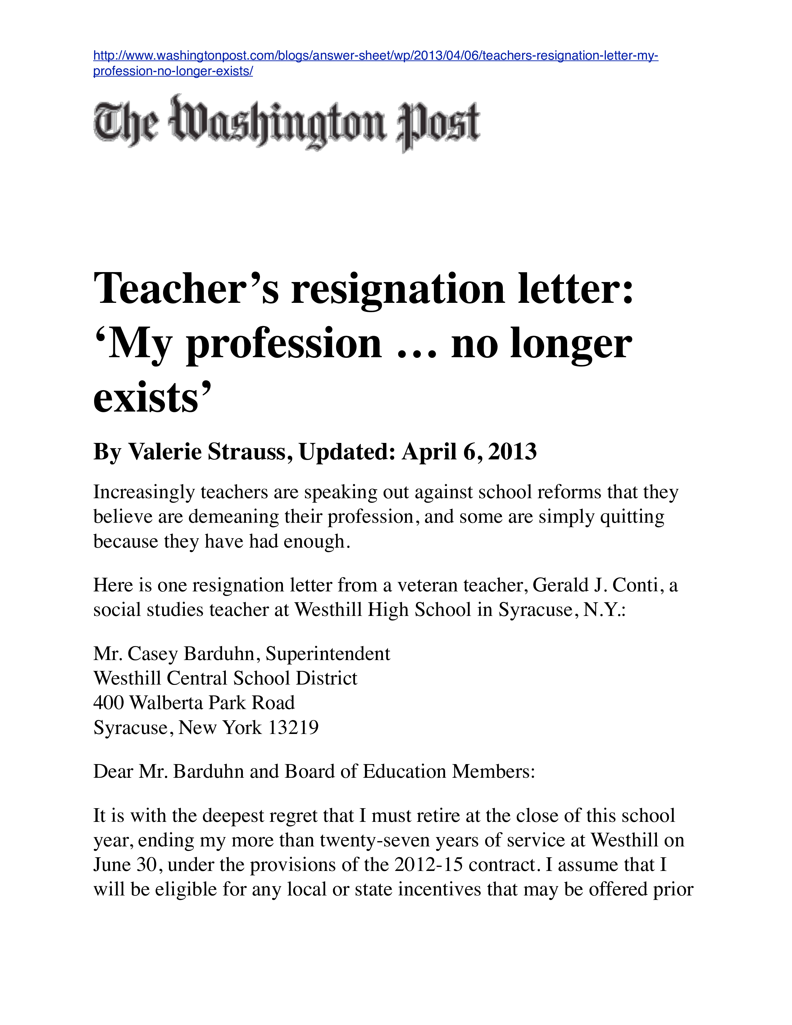 Experienced Teacher's Resignation Letter 模板