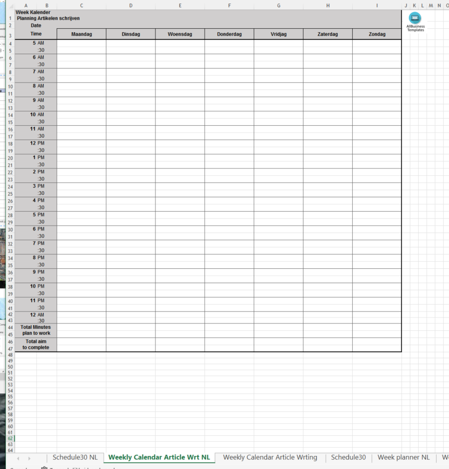 weekschema kalender template