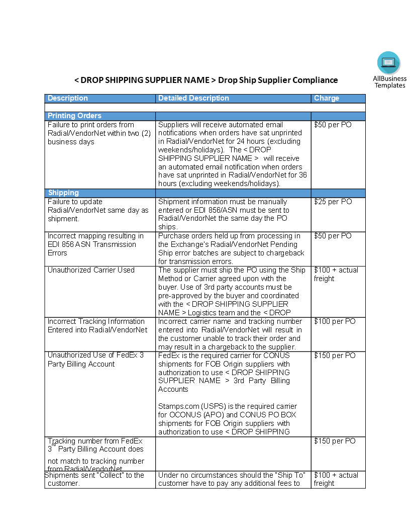 Drop Shipping Supplier Compliance Sheet 模板