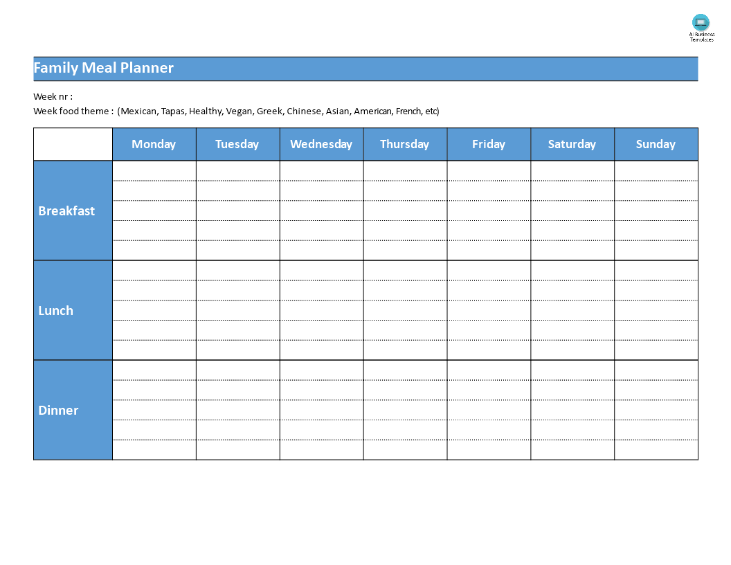 family meal planner per week template