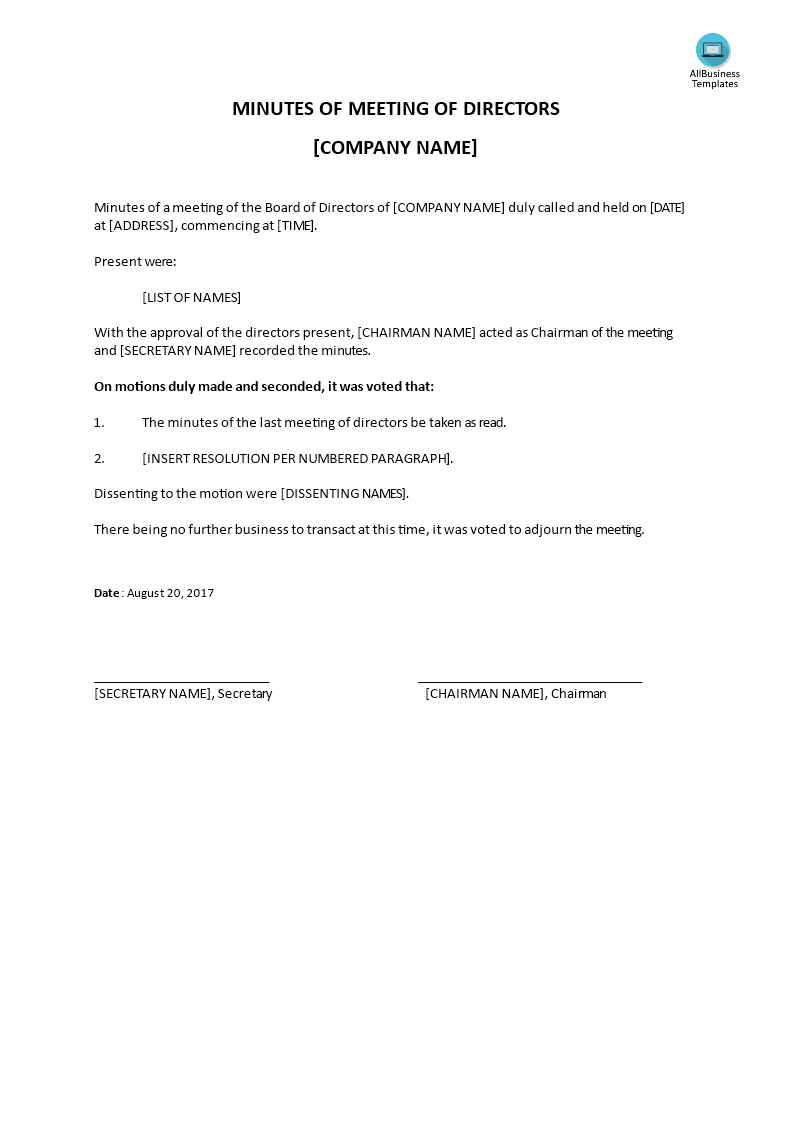 minutes of meeting of directors (company name) template