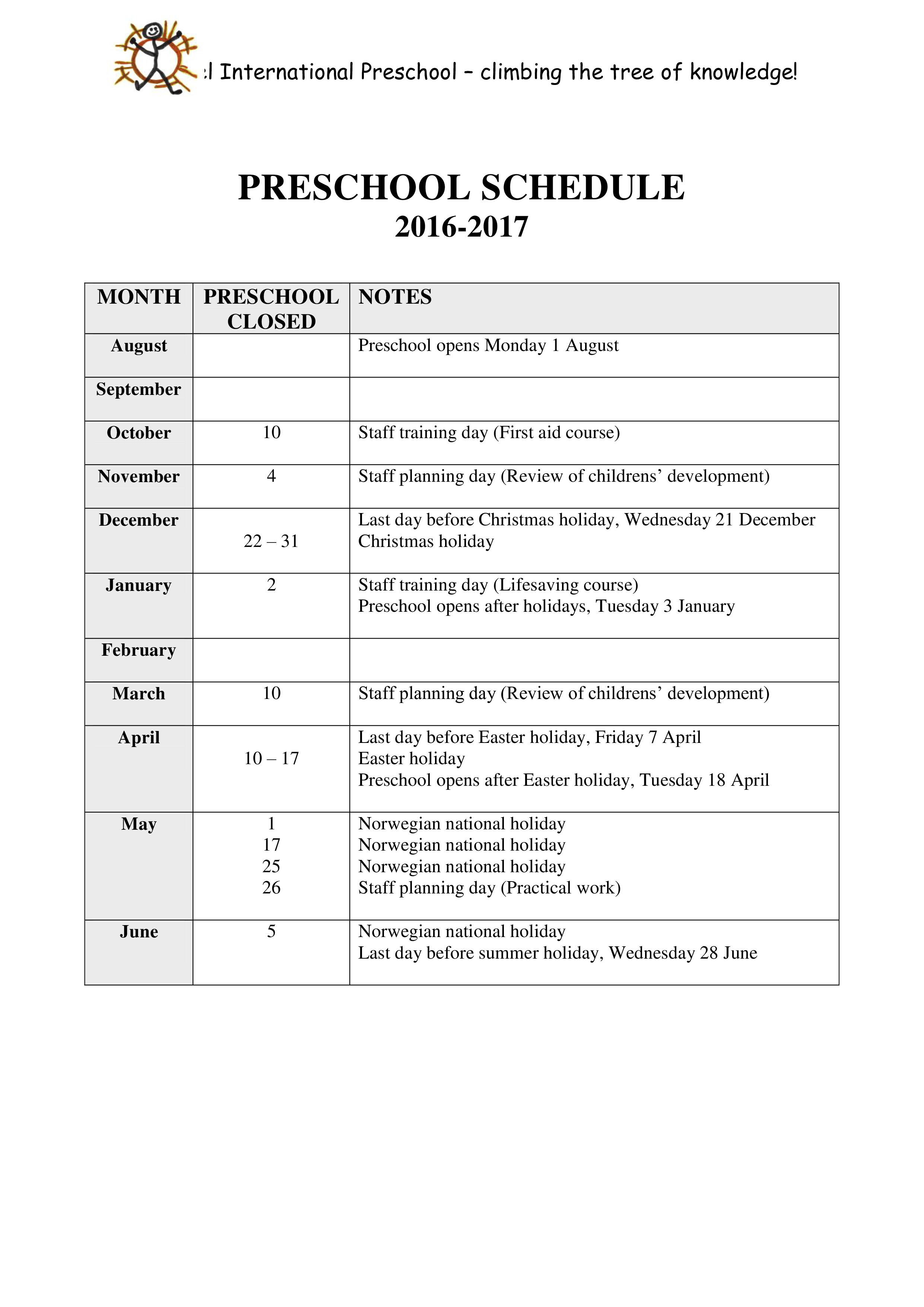 Preschool Schedule | Templates at allbusinesstemplates.com