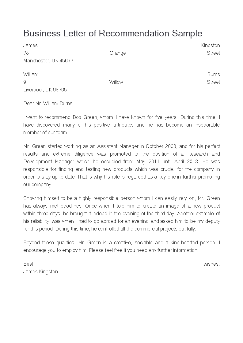 business letter of recommendation modèles