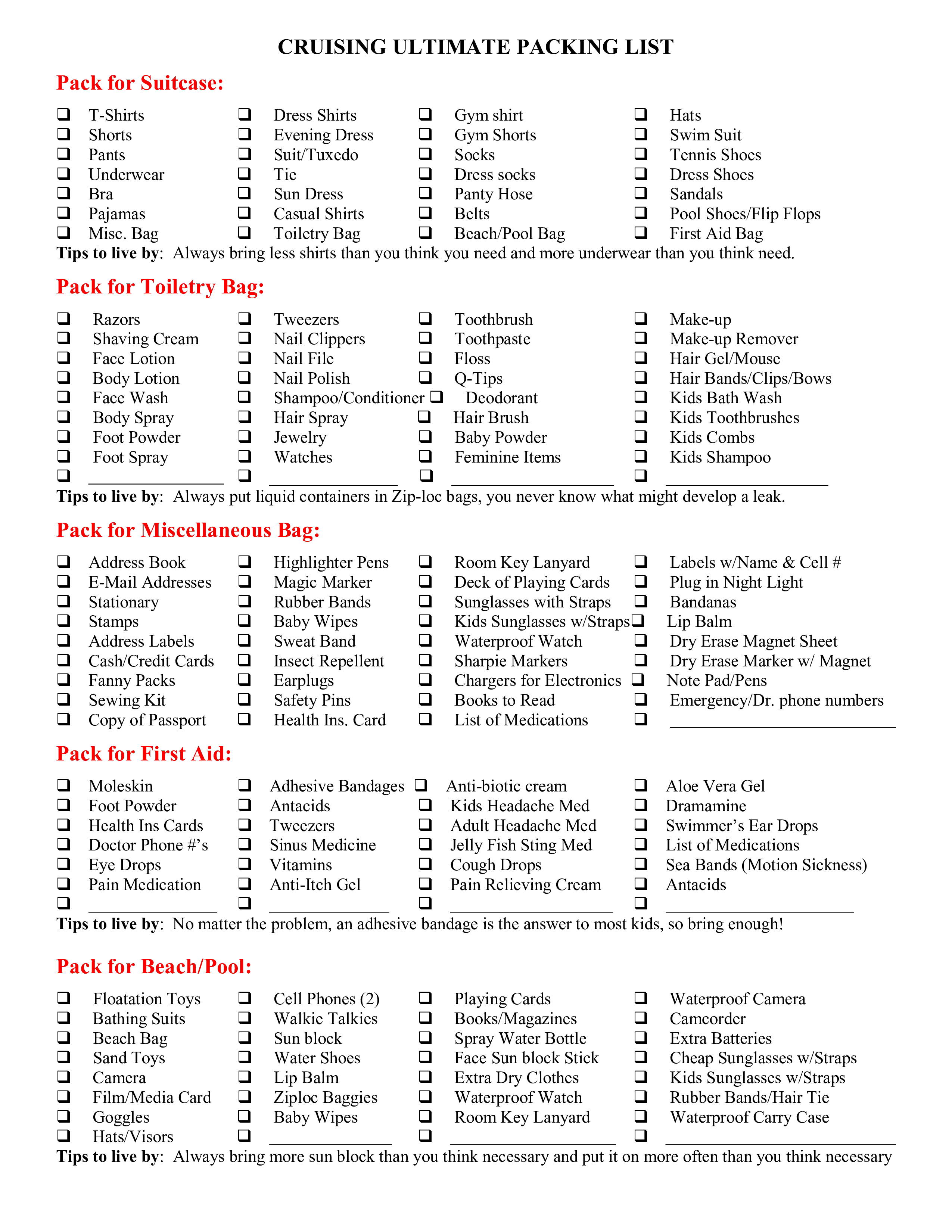 cruise holiday packing checklist Hauptschablonenbild