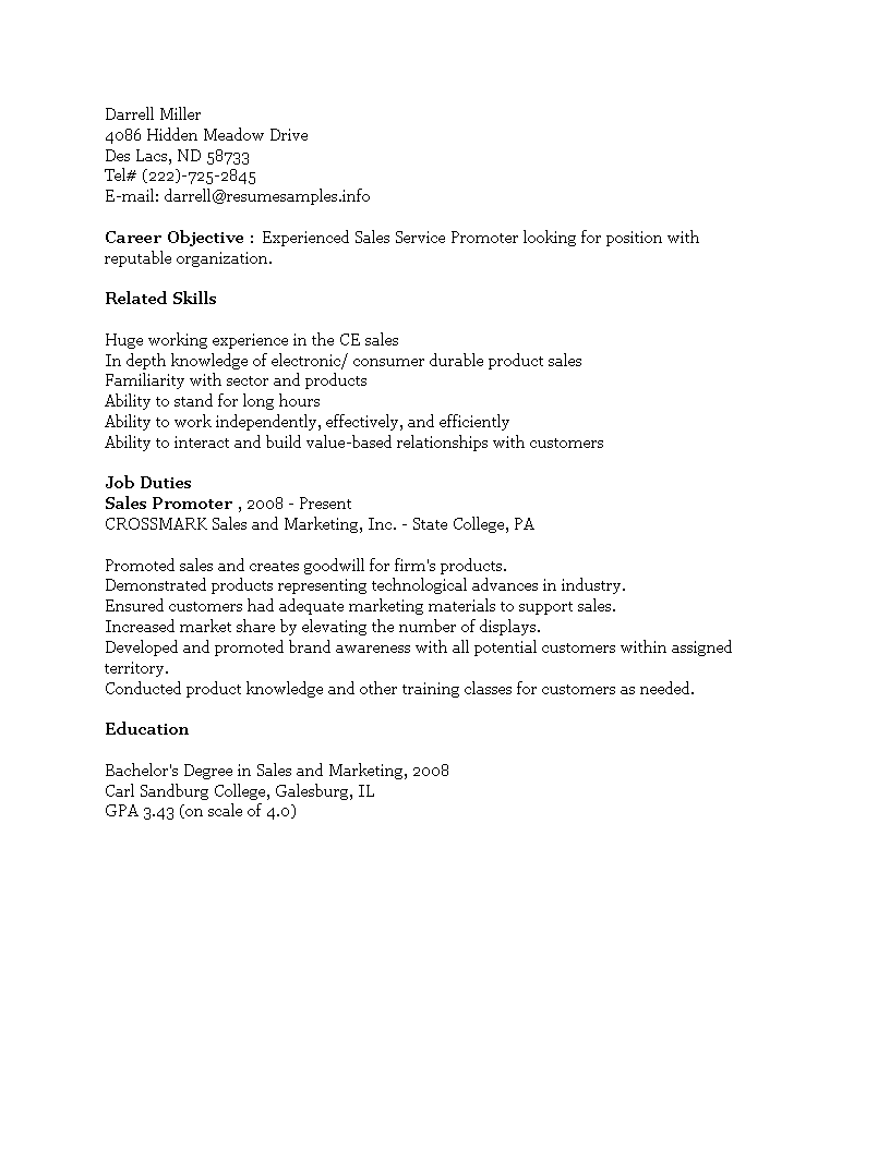 Sales Promoter Job Resume main image