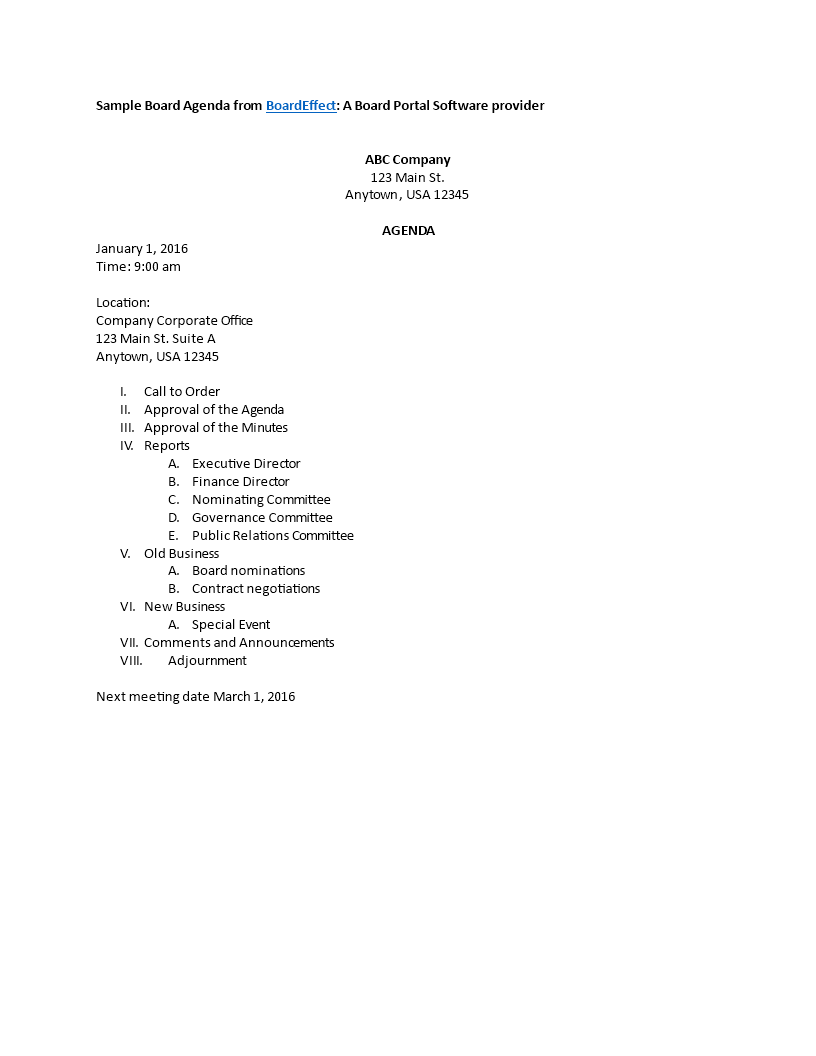 Kostenloses Board Meeting Agenda