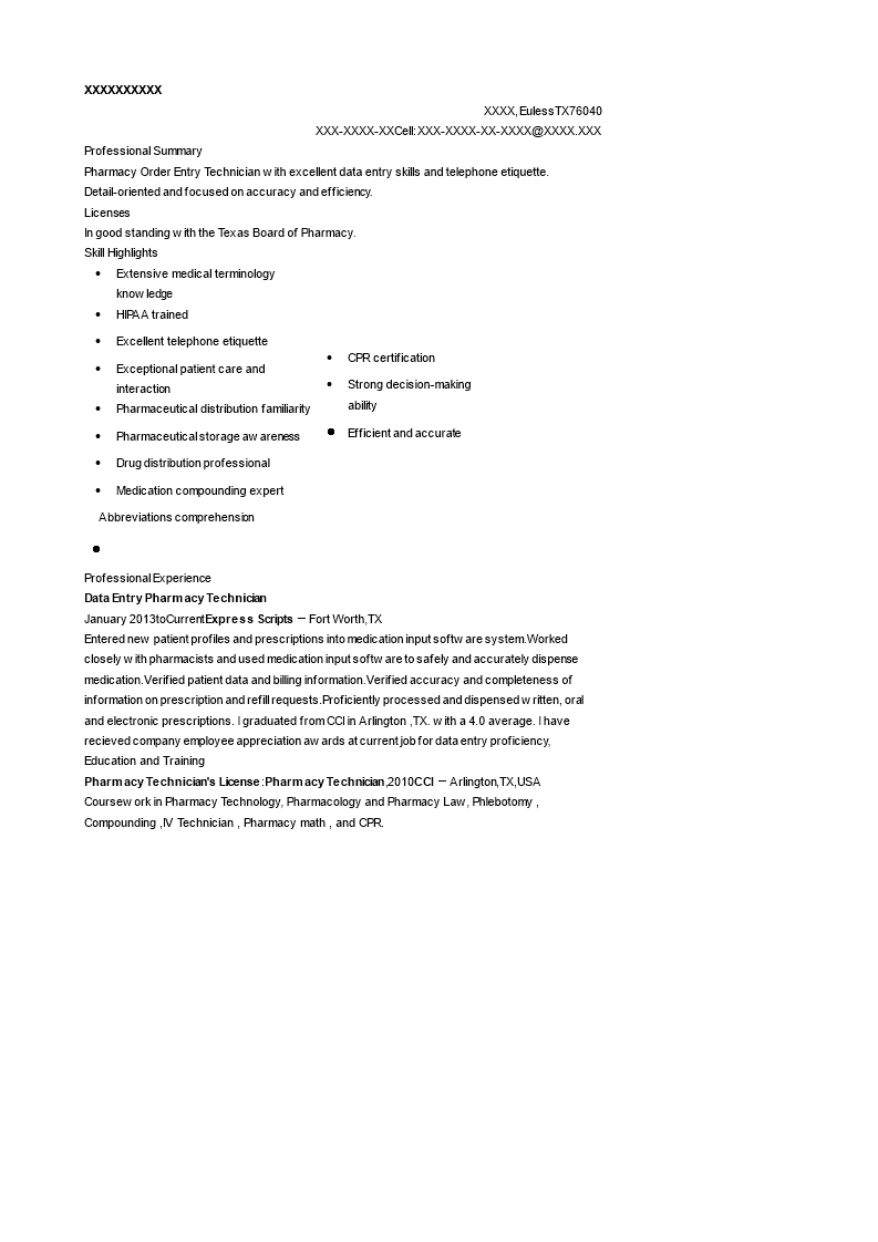 Data Entry Pharmacy Technician Resume main image