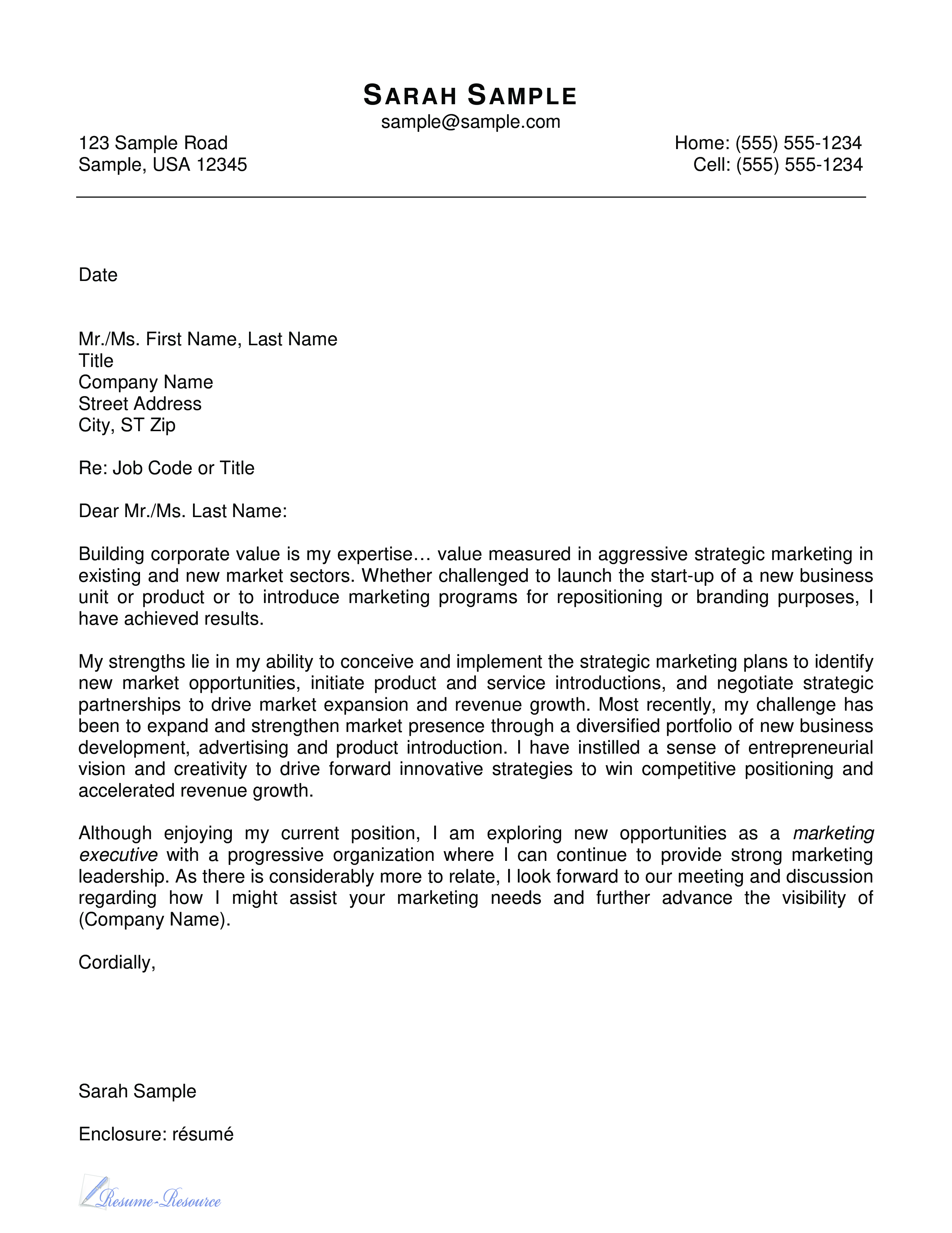 sample application letter for marketing representative