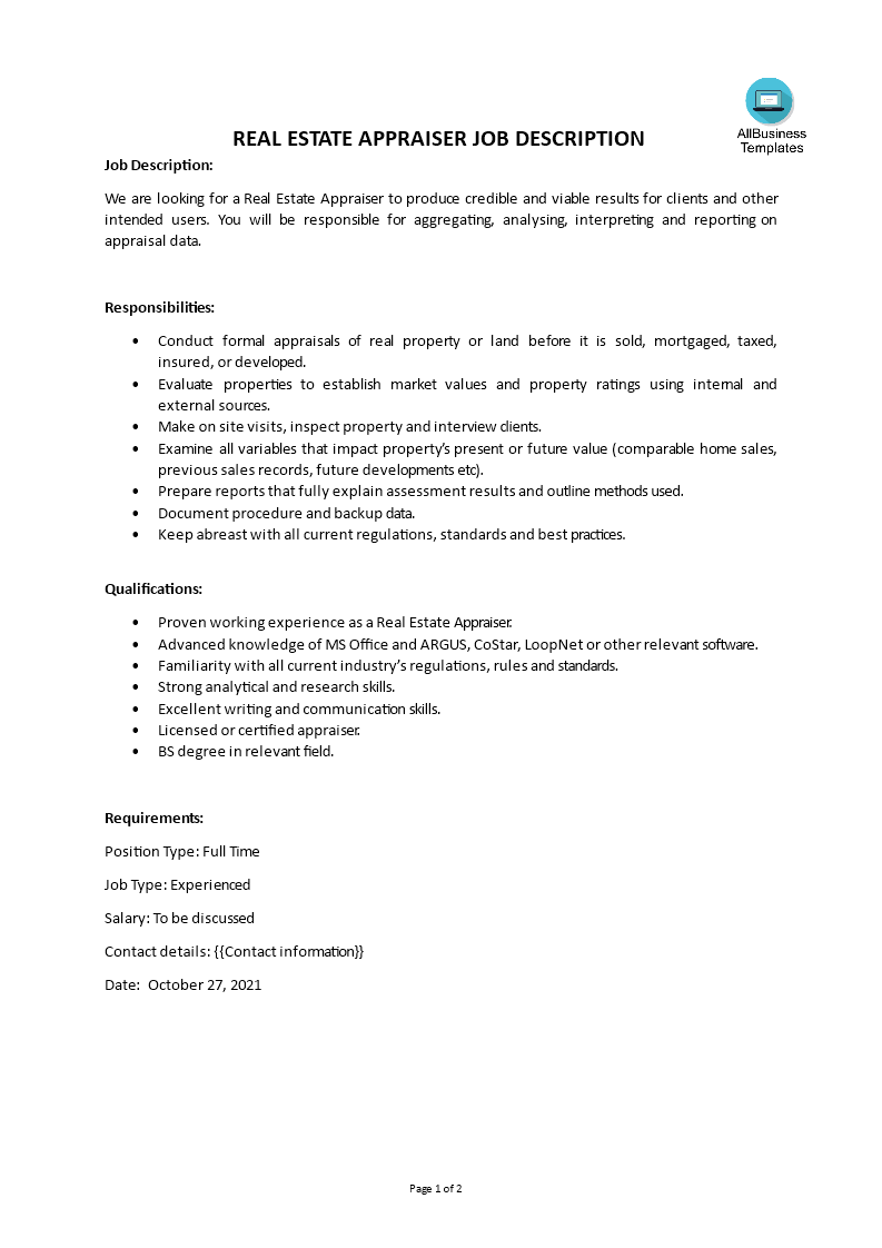 real estate appraiser job description template