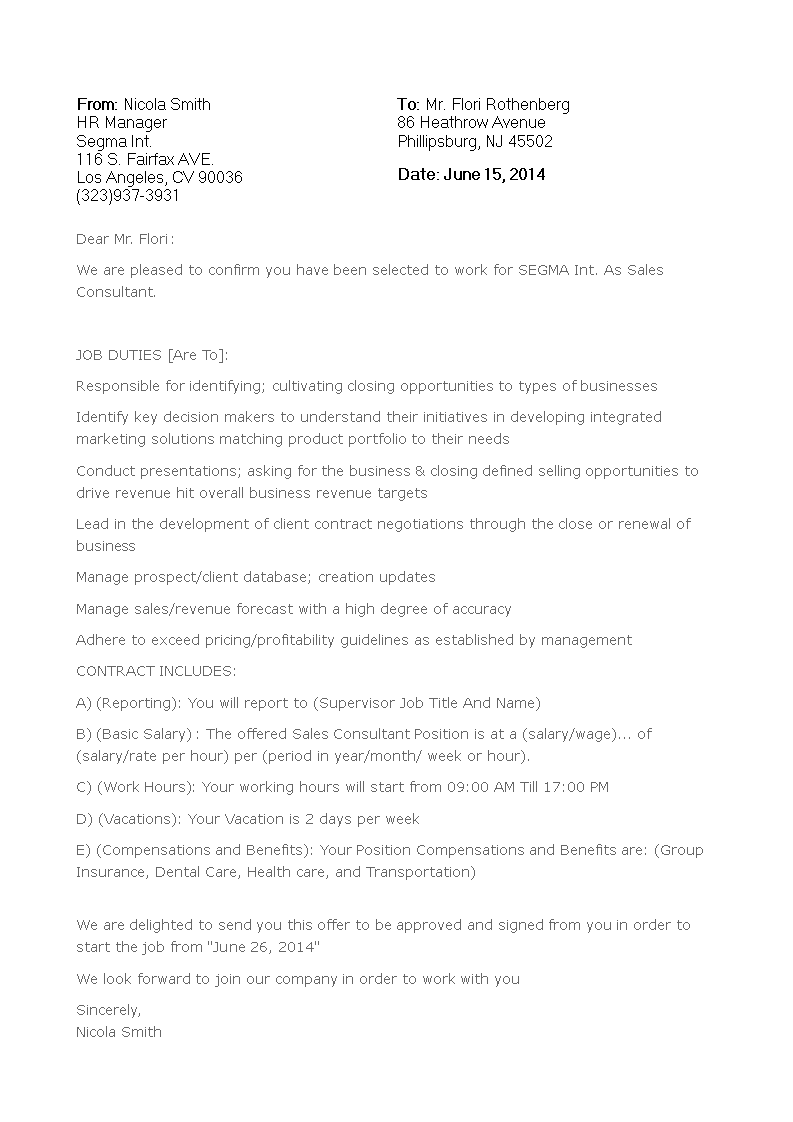 sales consultant offer letter template