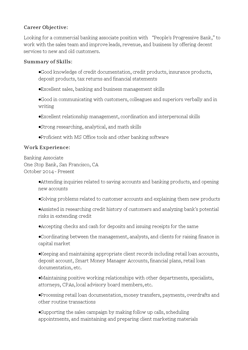 Retail Banking Sales Resume 模板