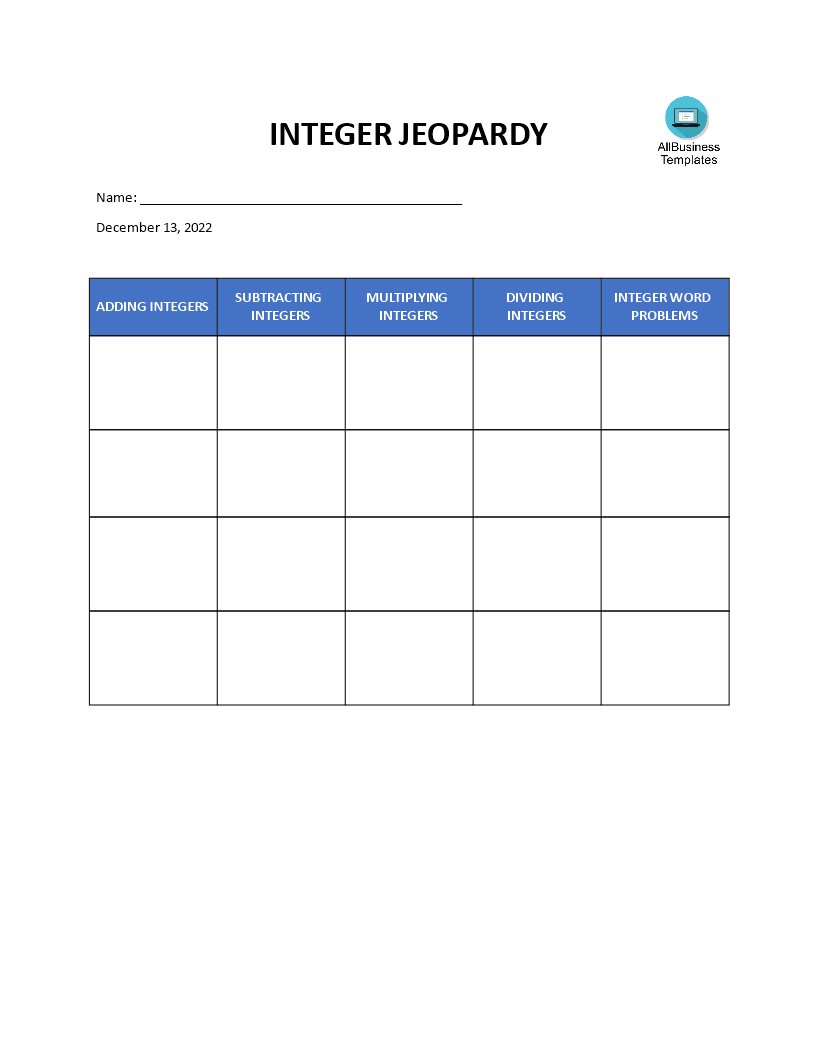 integer jeopardy template