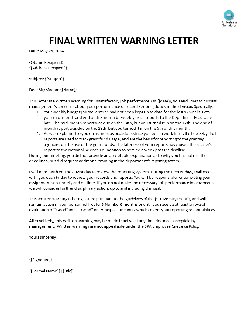 final written warning letter for poor job performance voorbeeld afbeelding 