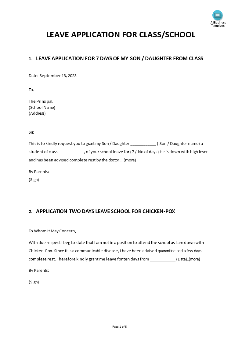 leave application form school messages template voorbeeld afbeelding 