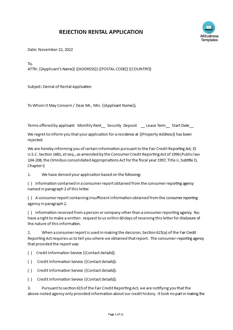 standard tenant rejection letter template