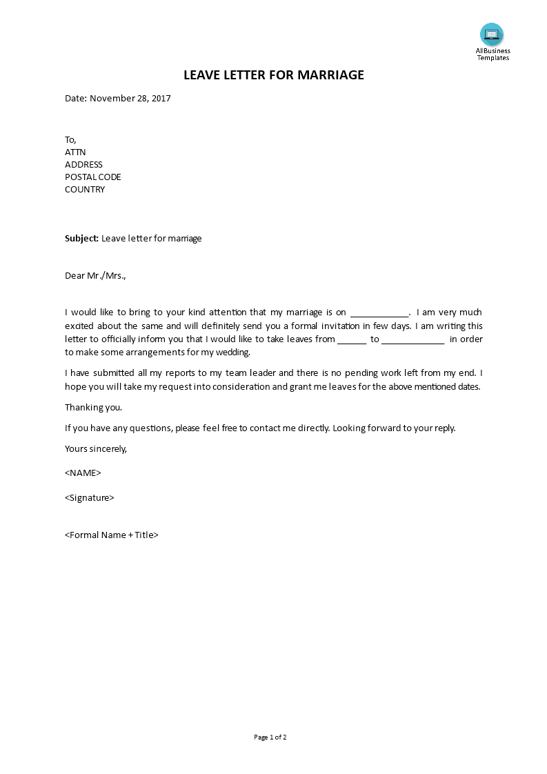 leave letter for marriage template