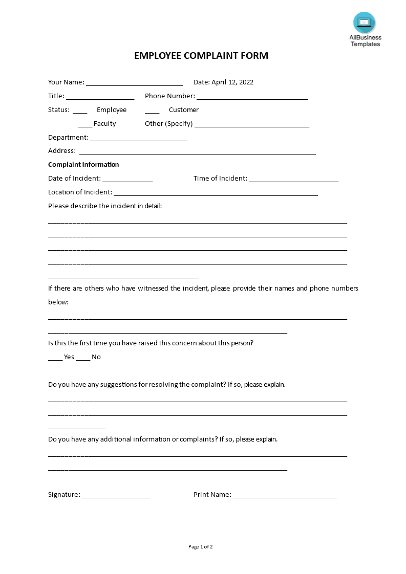 employee complaint form template