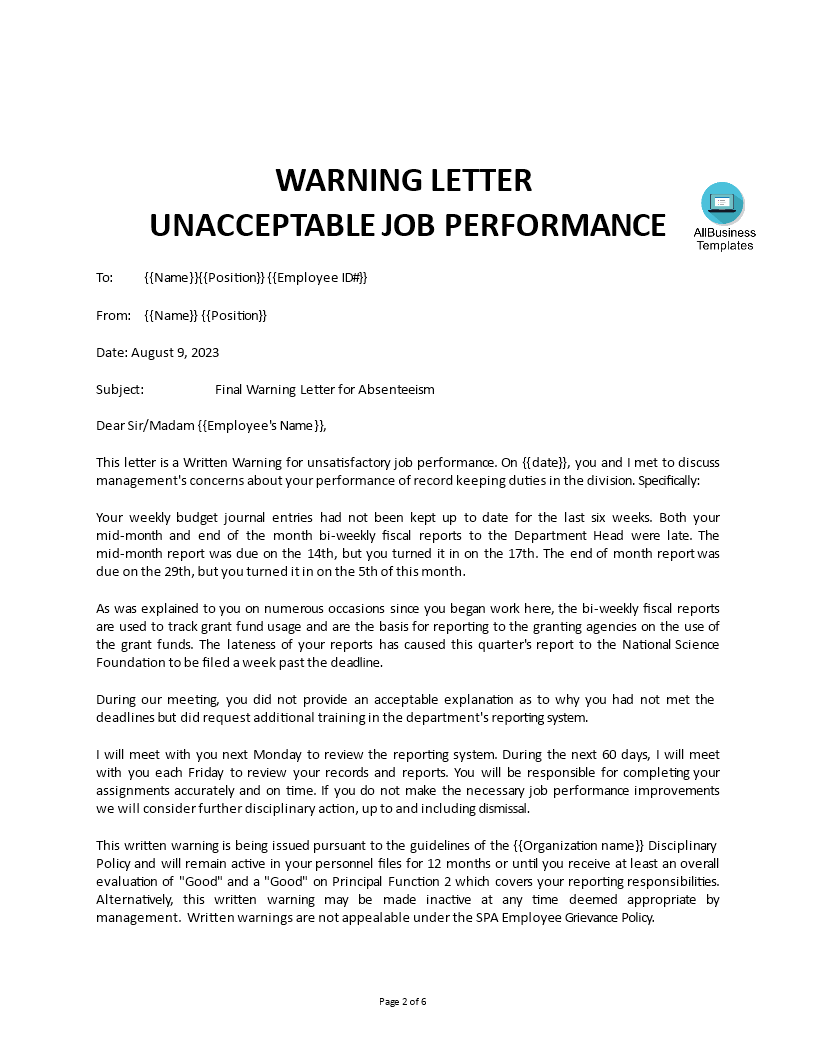 unacceptable behavior warning letter template