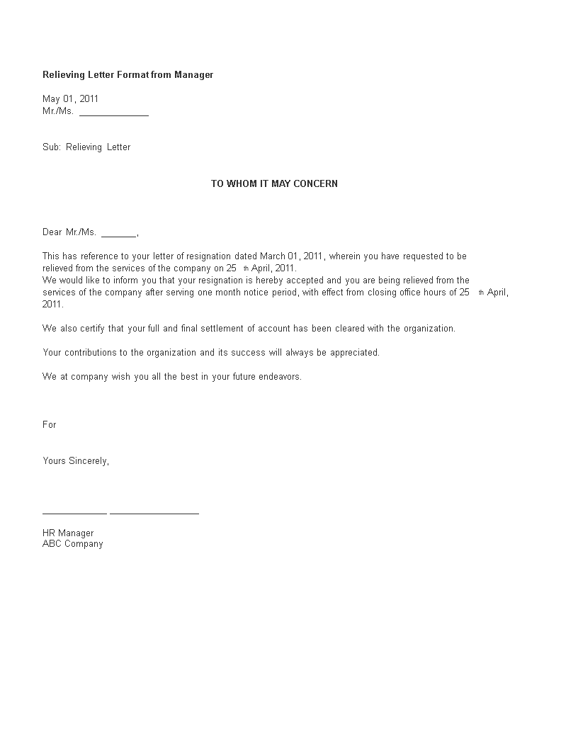 Kostenloses Relieving Letter Format from Manager In Full And Final Settlement Offer Letter Template