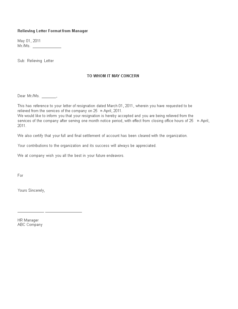 relieving letter format from manager template