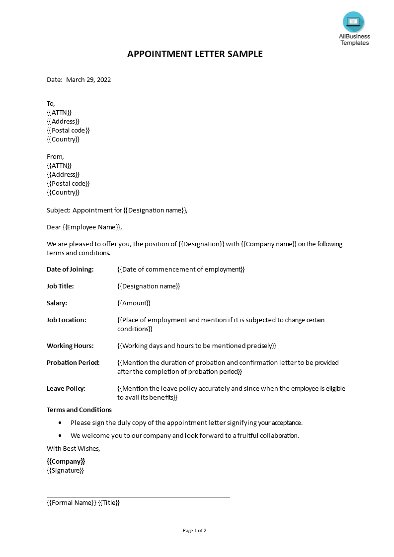 appointment letter sample template