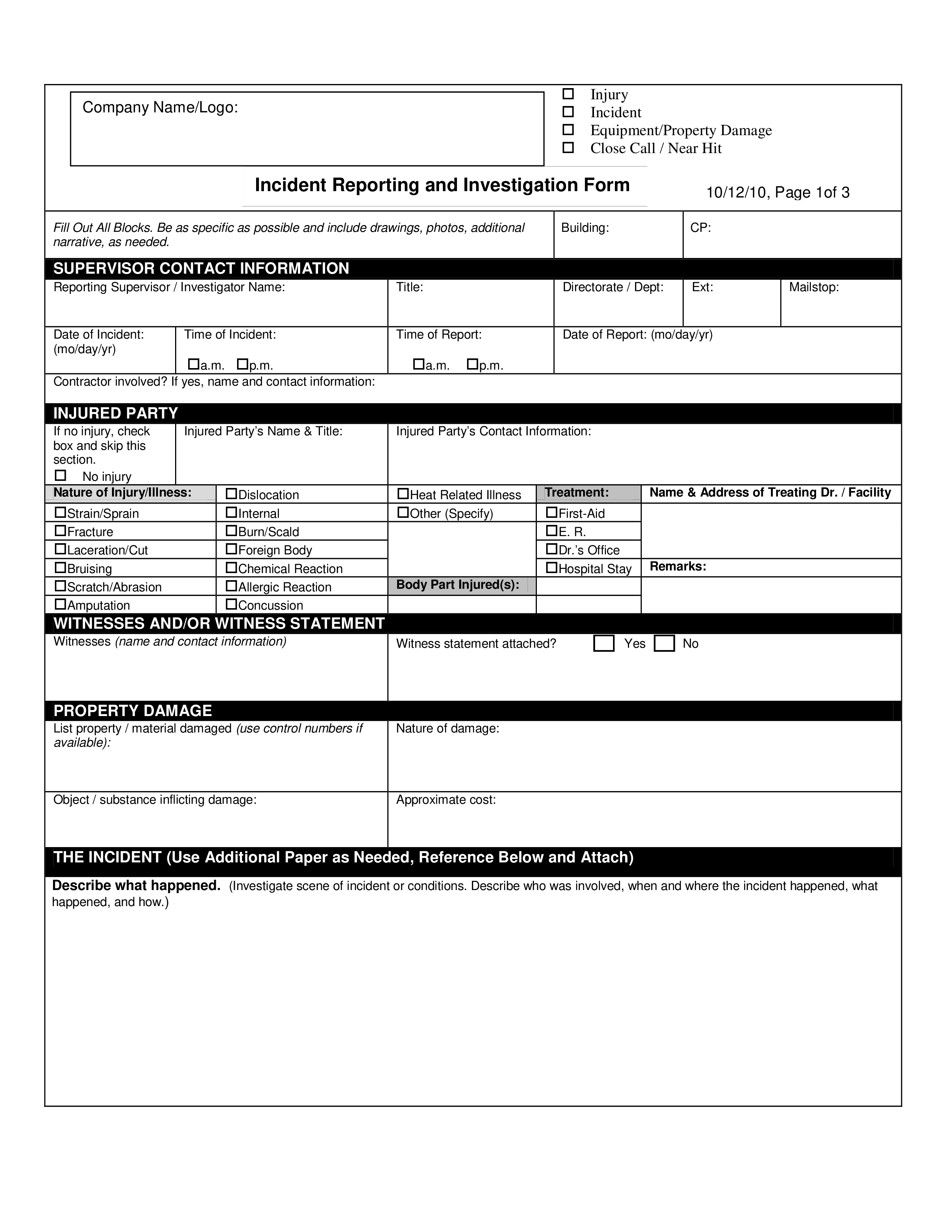 construction incident investigation report template