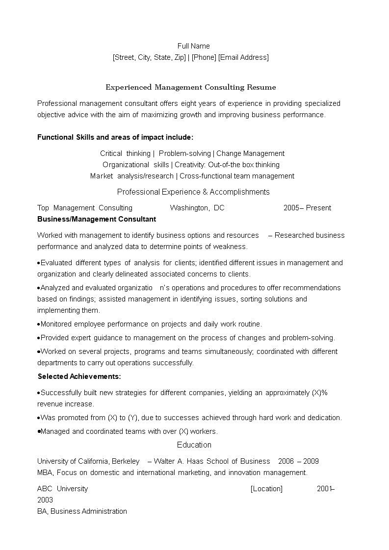 Experienced Management Consulting Resume main image