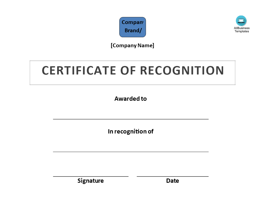 Certificate of Recognition template Word 模板