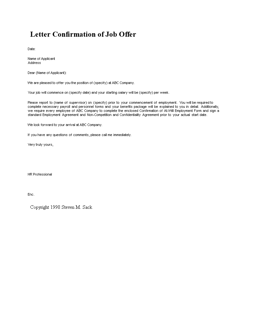 letter confirmation of job offer voorbeeld afbeelding 