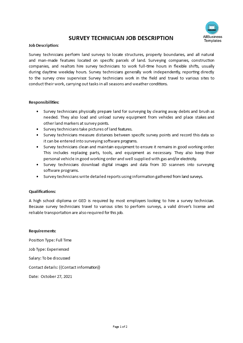 Survey Technician Job Description main image