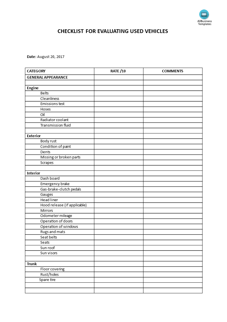 checklist for evaluating used vehicle template