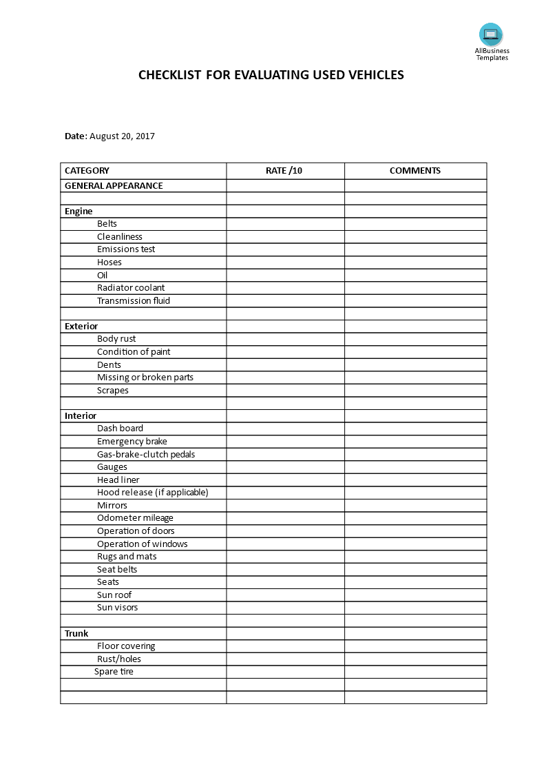 checklist for evaluating used vehicle modèles