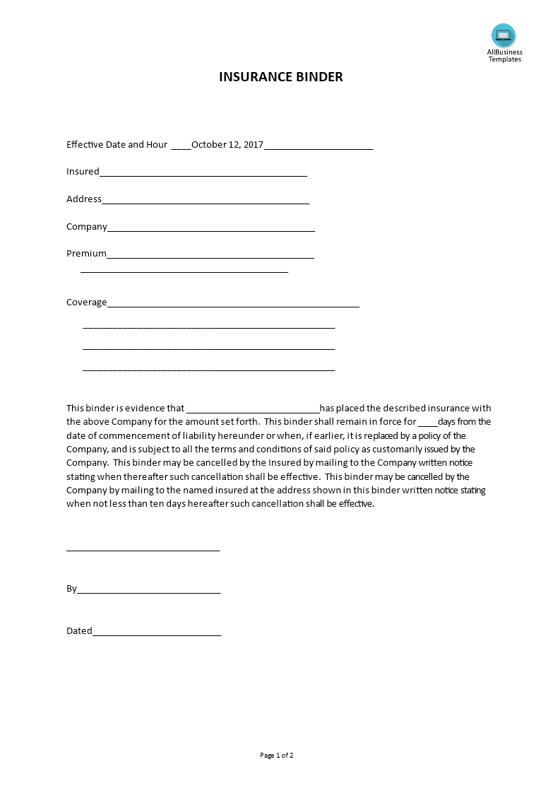 Insurance Binder Templates at