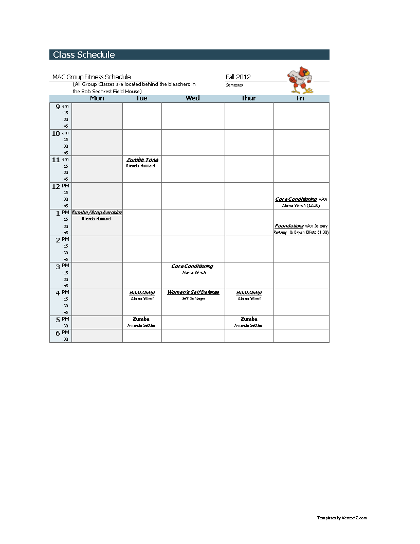 blank sports class schedule in excel modèles