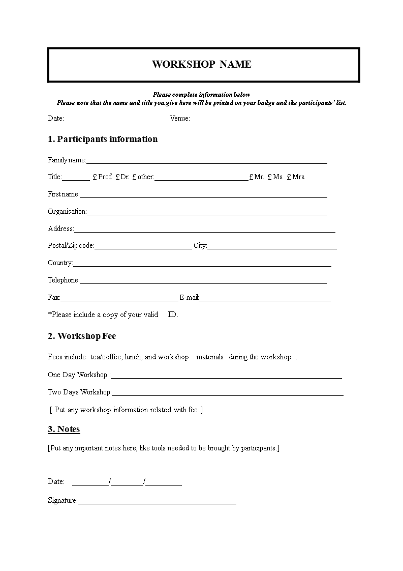 workshop registration sheet template